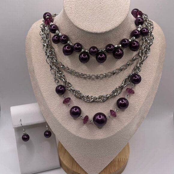 Paparazzi Women's Vintage Appraisal Purple Pearl Layering Necklace & Earring Set - Picture 1 of 12